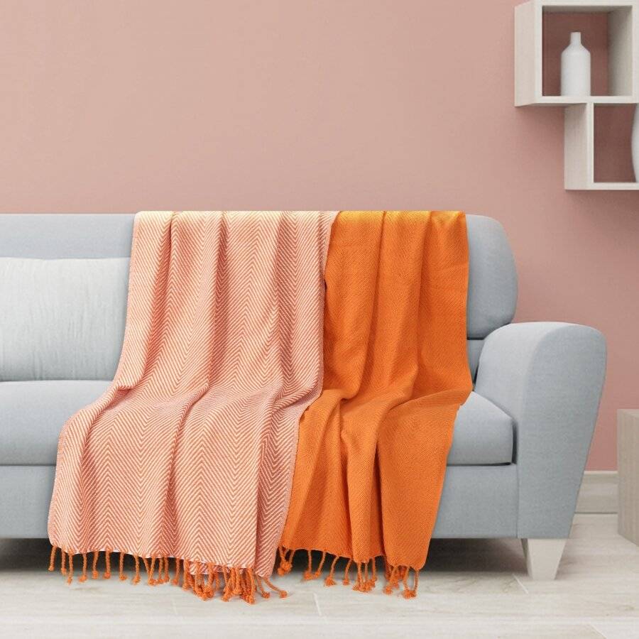 EHC Pack of 2 Chevron Cotton Single Sofa Throw, 125 x 150 cm - Orange