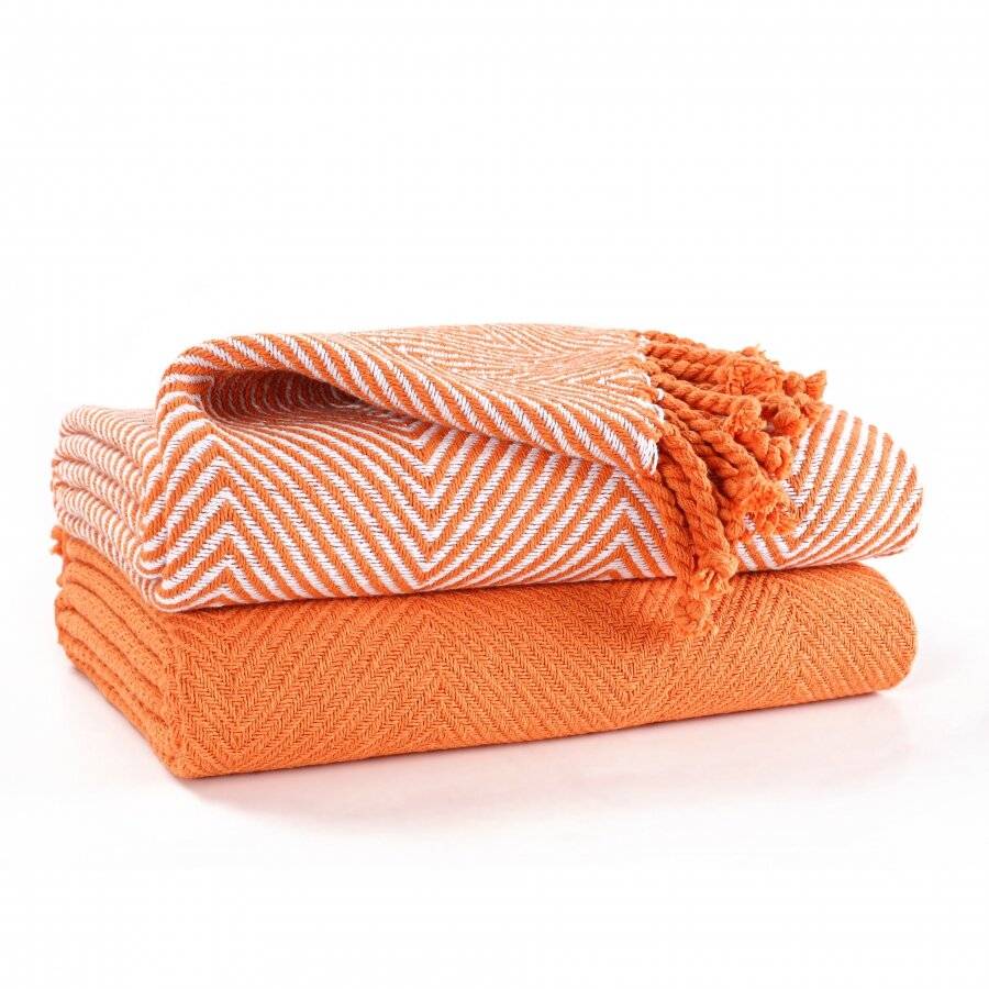 EHC Pack of 2 Chevron Cotton Single Sofa Throw, 125 x 150 cm - Orange