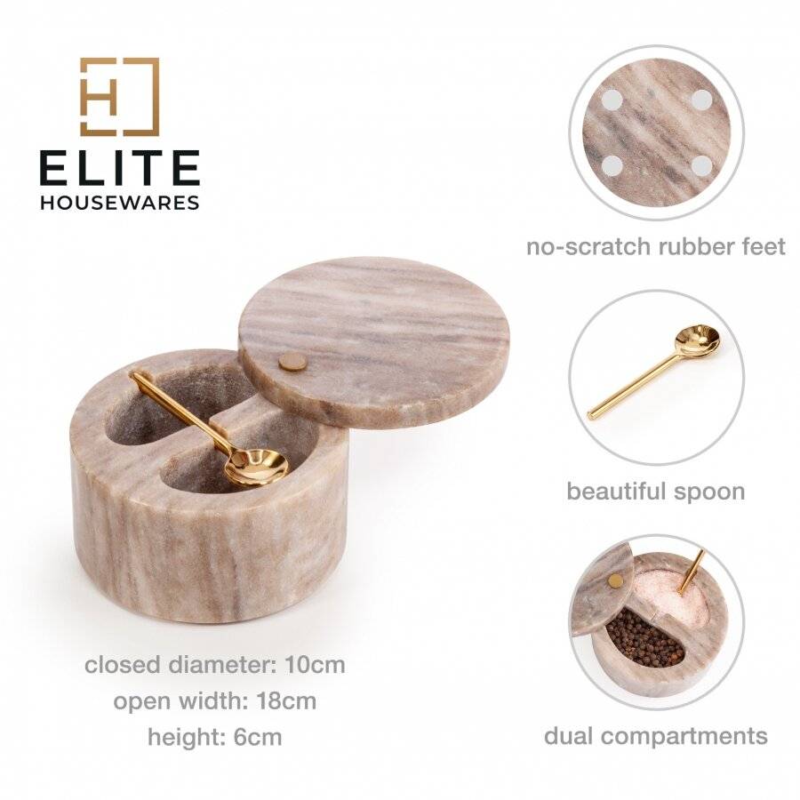 Marble Salt and Pepper Pinch Pots with Golden Serving Spoon, Beige