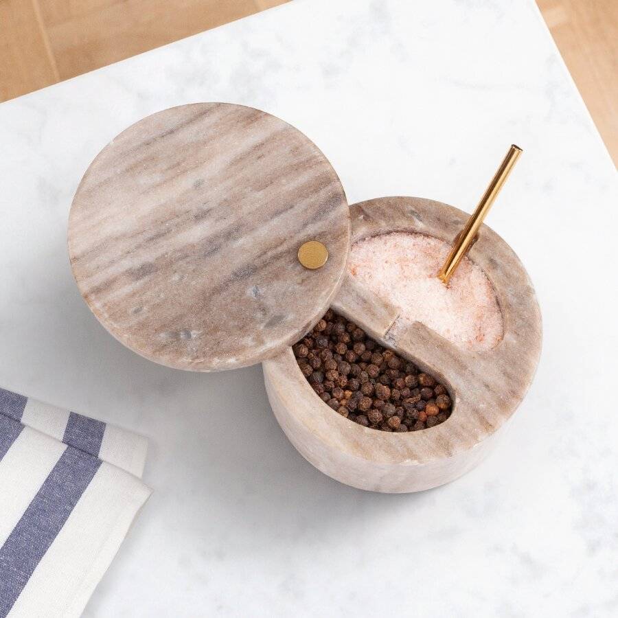 Marble Salt and Pepper Pinch Pots with Golden Serving Spoon, Beige
