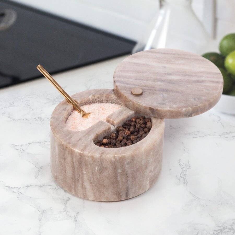 Marble Salt and Pepper Pinch Pots with Golden Serving Spoon, Beige