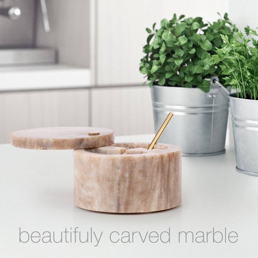 Marble Salt and Pepper Pinch Pots with Golden Serving Spoon, Beige