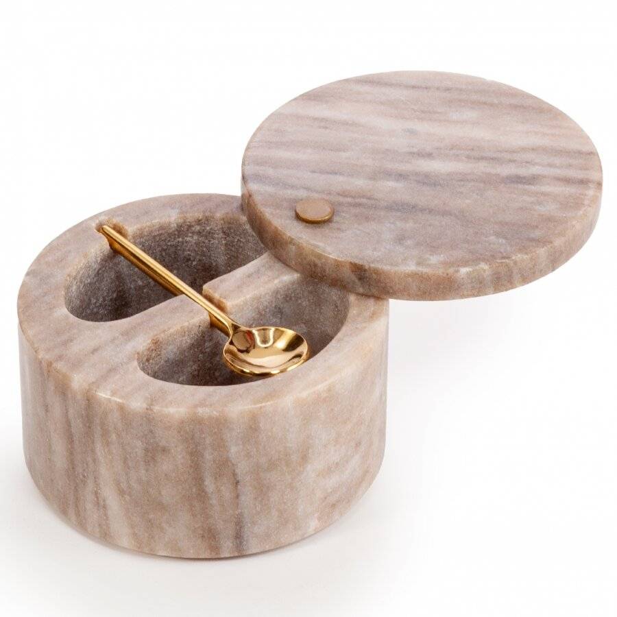 Marble Salt and Pepper Pinch Pots with Golden Serving Spoon, Beige