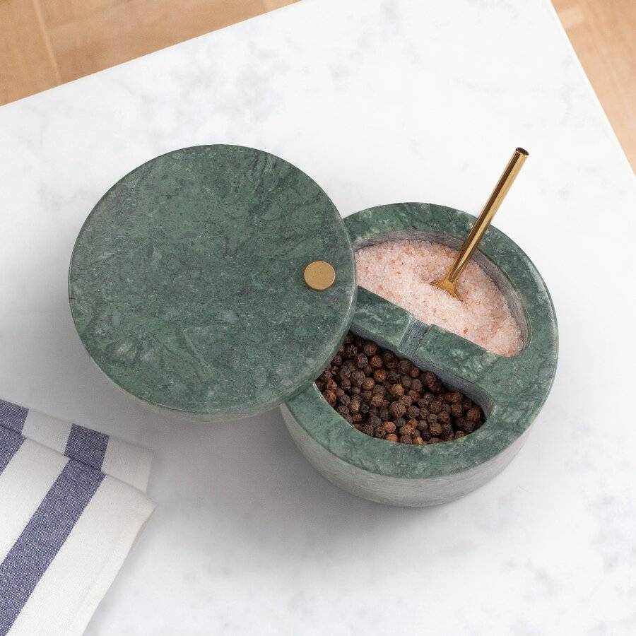 Marble Salt and Pepper Pinch Pots with Golden Serving Spoon, Green