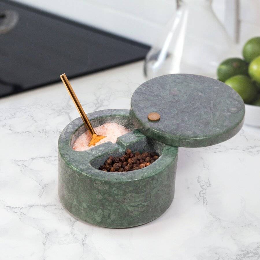 Marble Salt and Pepper Pinch Pots with Golden Serving Spoon, Green