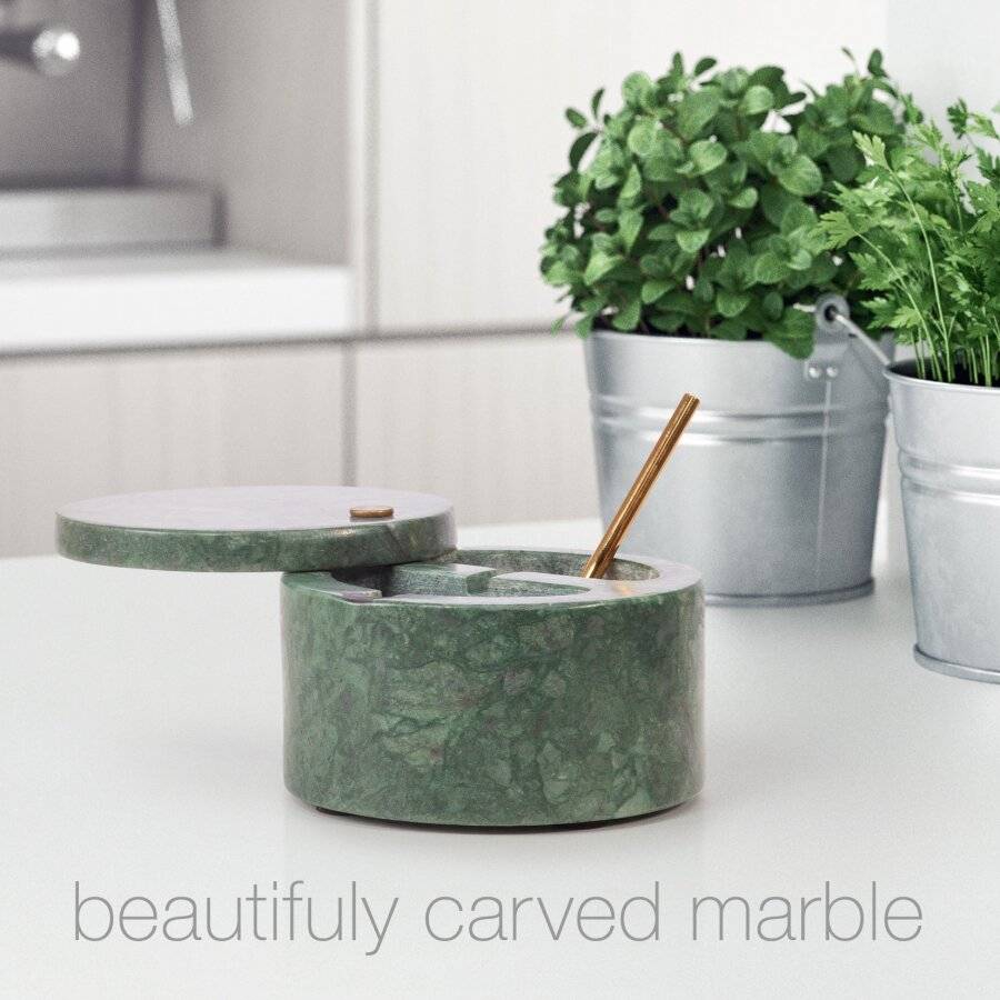 Marble Salt and Pepper Pinch Pots with Golden Serving Spoon, Green