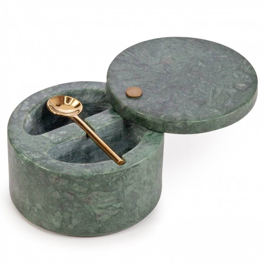 Marble Salt and Pepper Pinch Pots with Golden Serving Spoon, Green