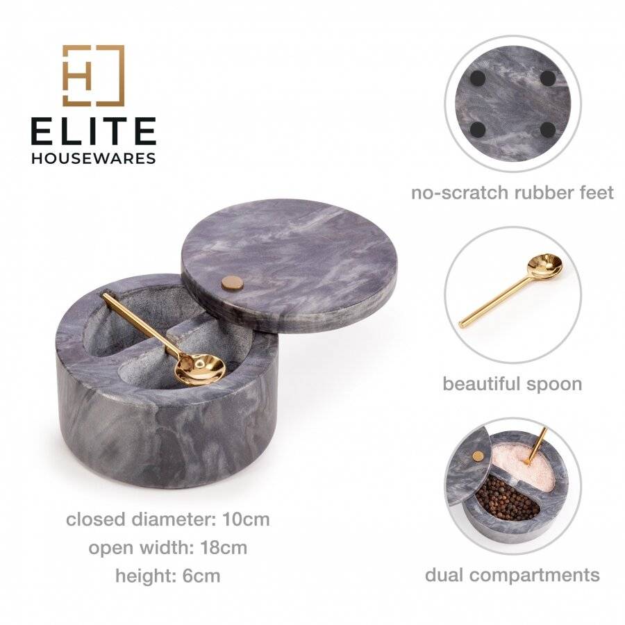 Marble Salt and Pepper Pinch Pots with Golden Serving Spoon, Grey
