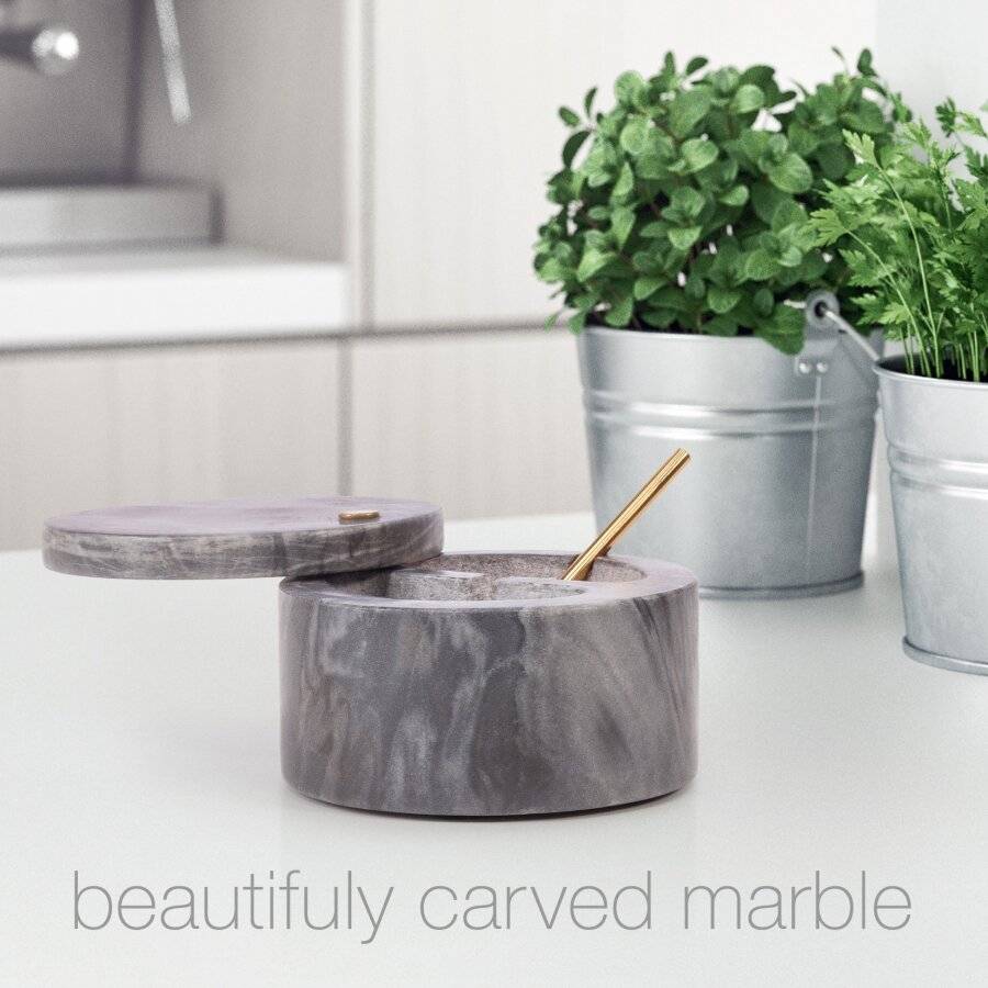 Marble Salt and Pepper Pinch Pots with Golden Serving Spoon, Grey