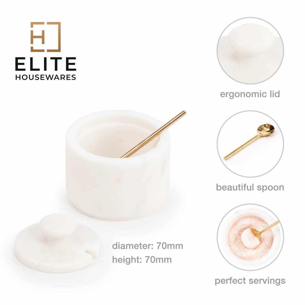 Marble Salt and Pepper Pinch Pots with Golden Serving Spoon, White