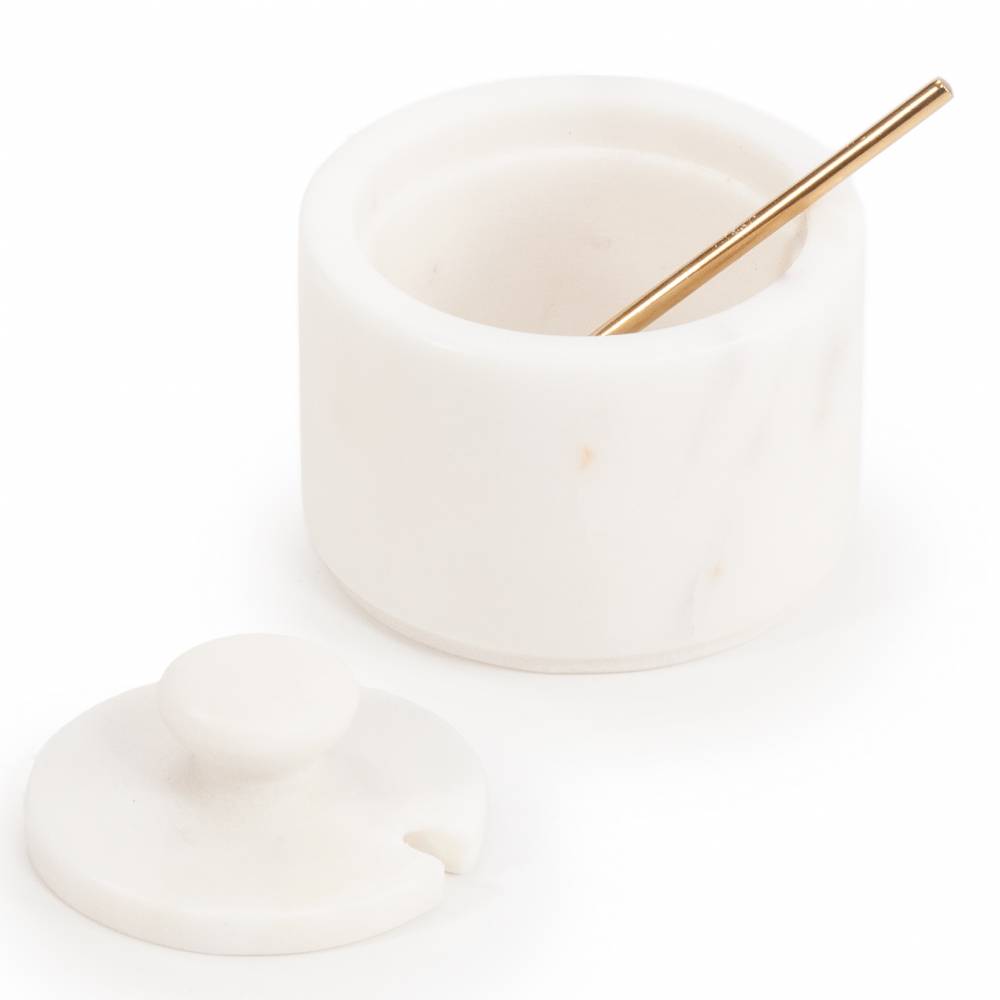 Marble Salt and Pepper Pinch Pots with Golden Serving Spoon, White