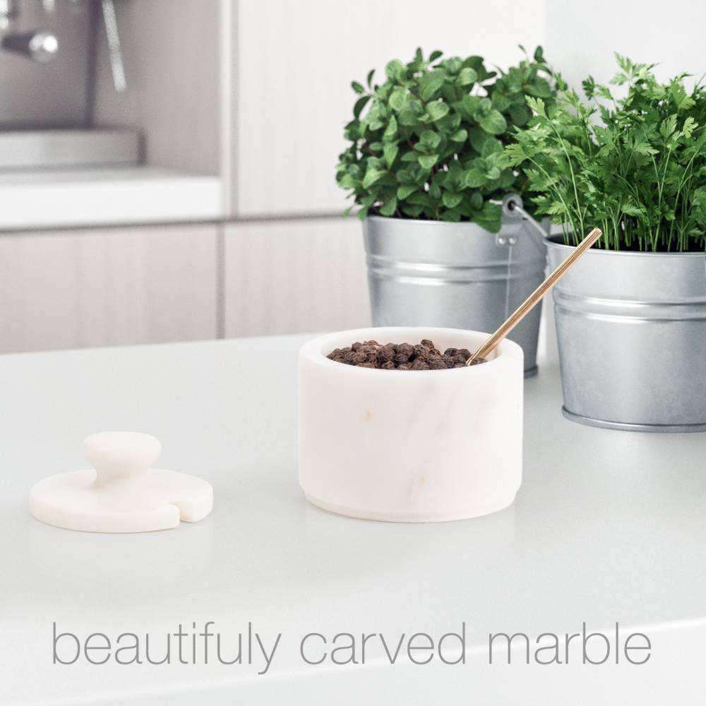 Marble Salt and Pepper Pinch Pots with Golden Serving Spoon, White