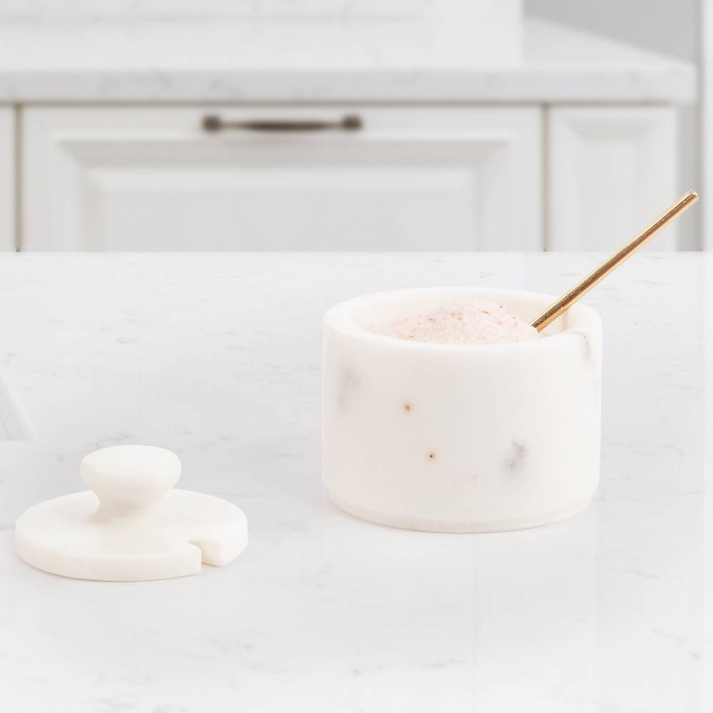 Marble Salt and Pepper Pinch Pots with Golden Serving Spoon, White