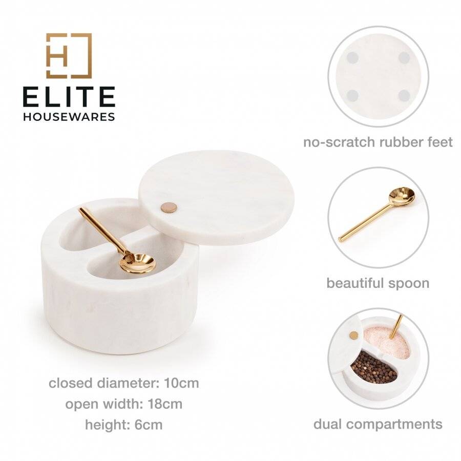 Marble Salt and Pepper Pinch Pots with Golden Serving Spoon, White