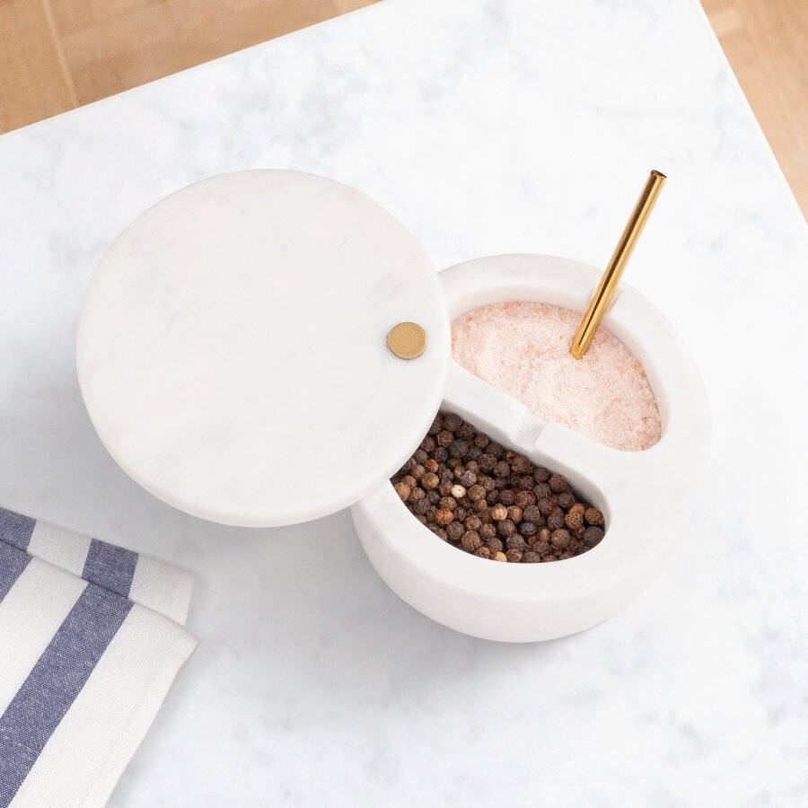 Marble Salt and Pepper Pinch Pots with Golden Serving Spoon, White
