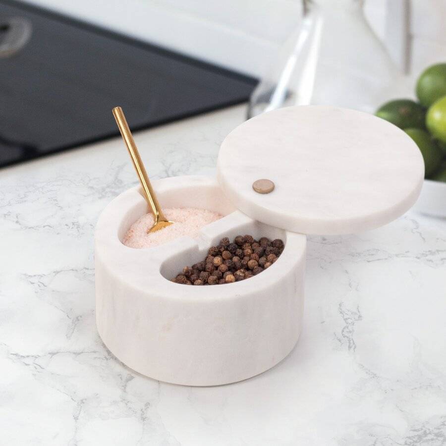 Marble Salt and Pepper Pinch Pots with Golden Serving Spoon, White