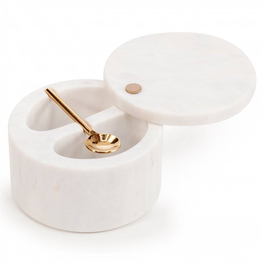 Marble Salt and Pepper Pinch Pots with Golden Serving Spoon, White
