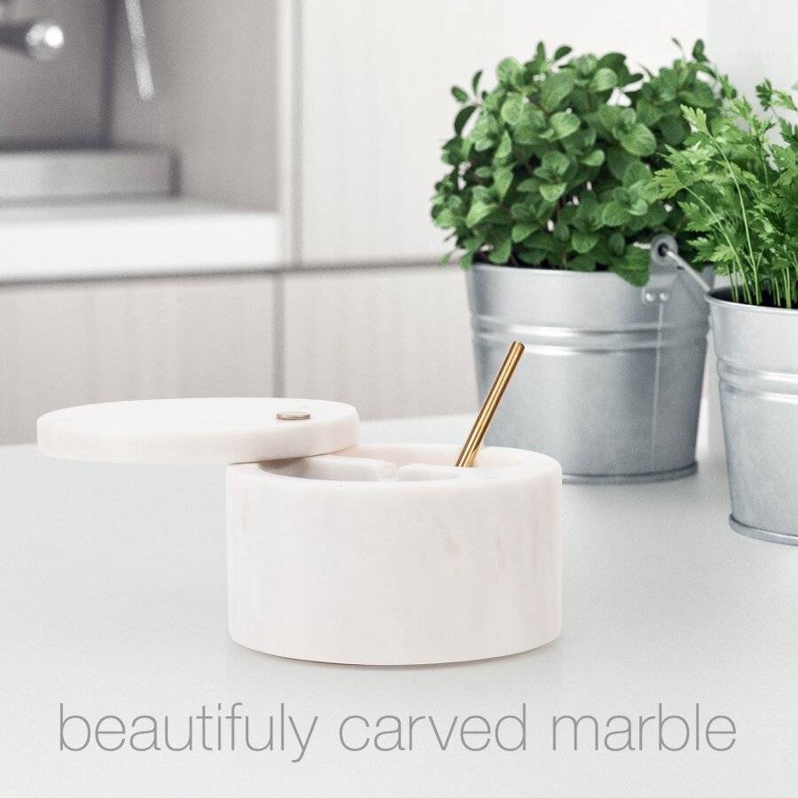 Marble Salt and Pepper Pinch Pots with Golden Serving Spoon, White
