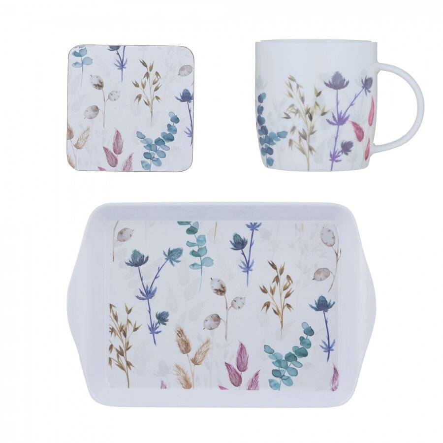 Meadow Fine China Tea Gift Set With 350 ml Mug, Tray & Coaster