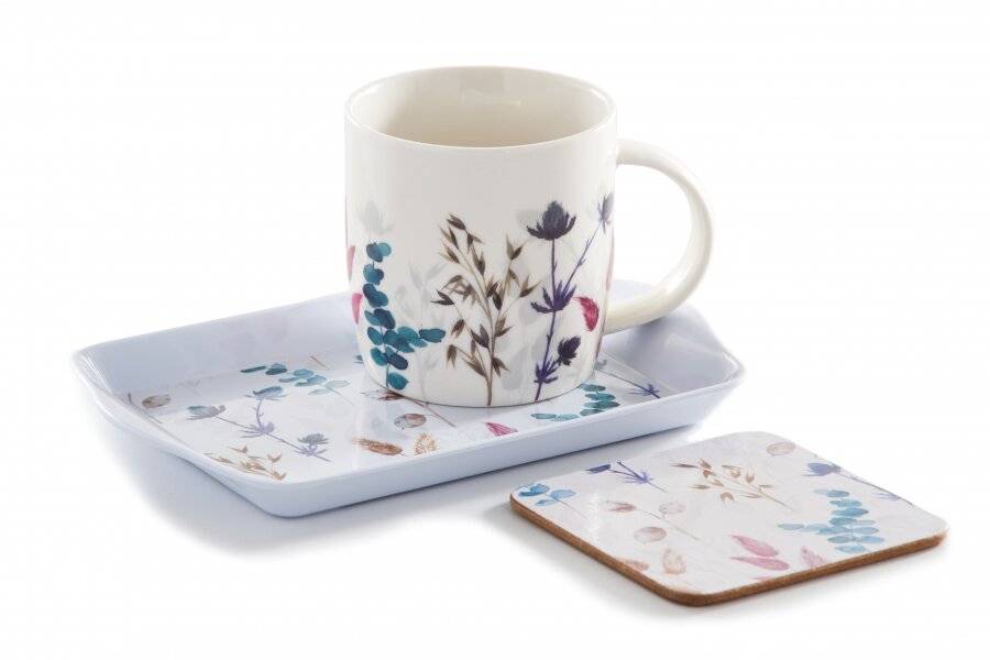 Meadow Fine China Tea Gift Set With 350 ml Mug, Tray & Coaster