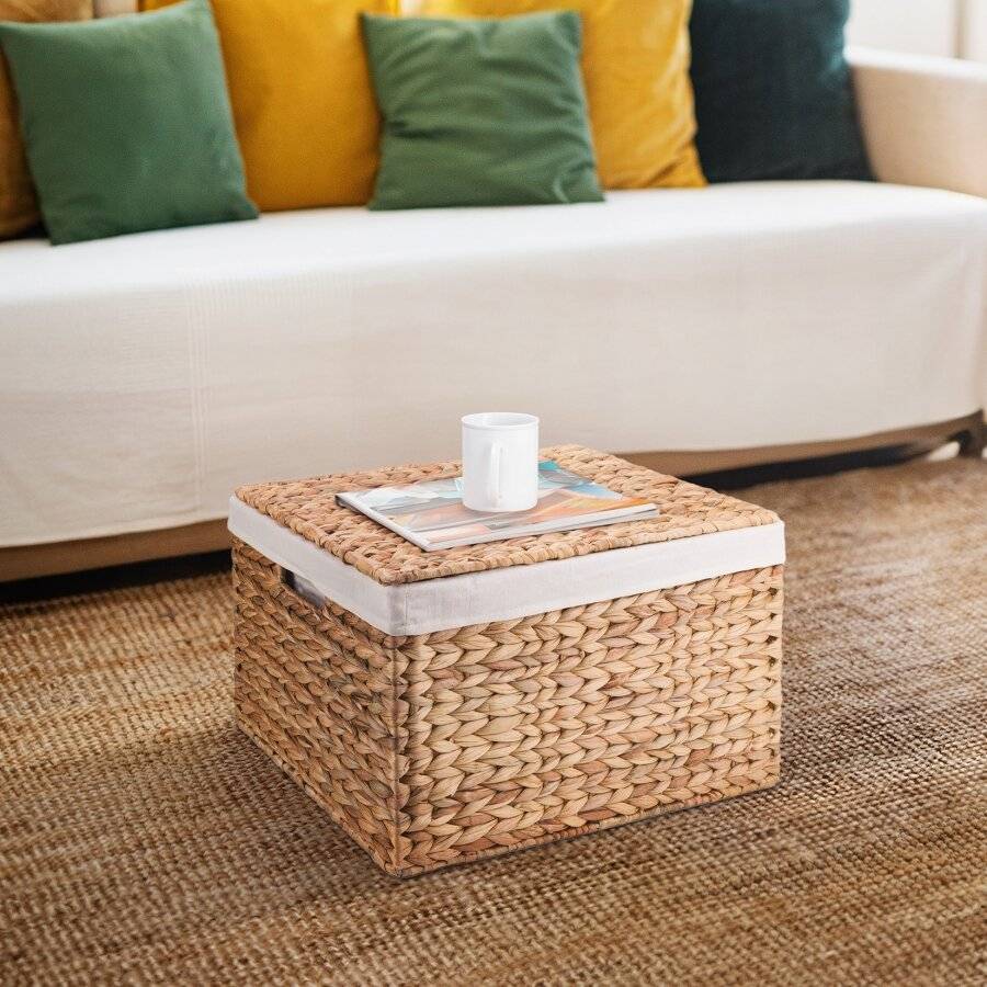 Medium Handwoven Natural Water Hyacinth Lined Storage Trunk With Lid