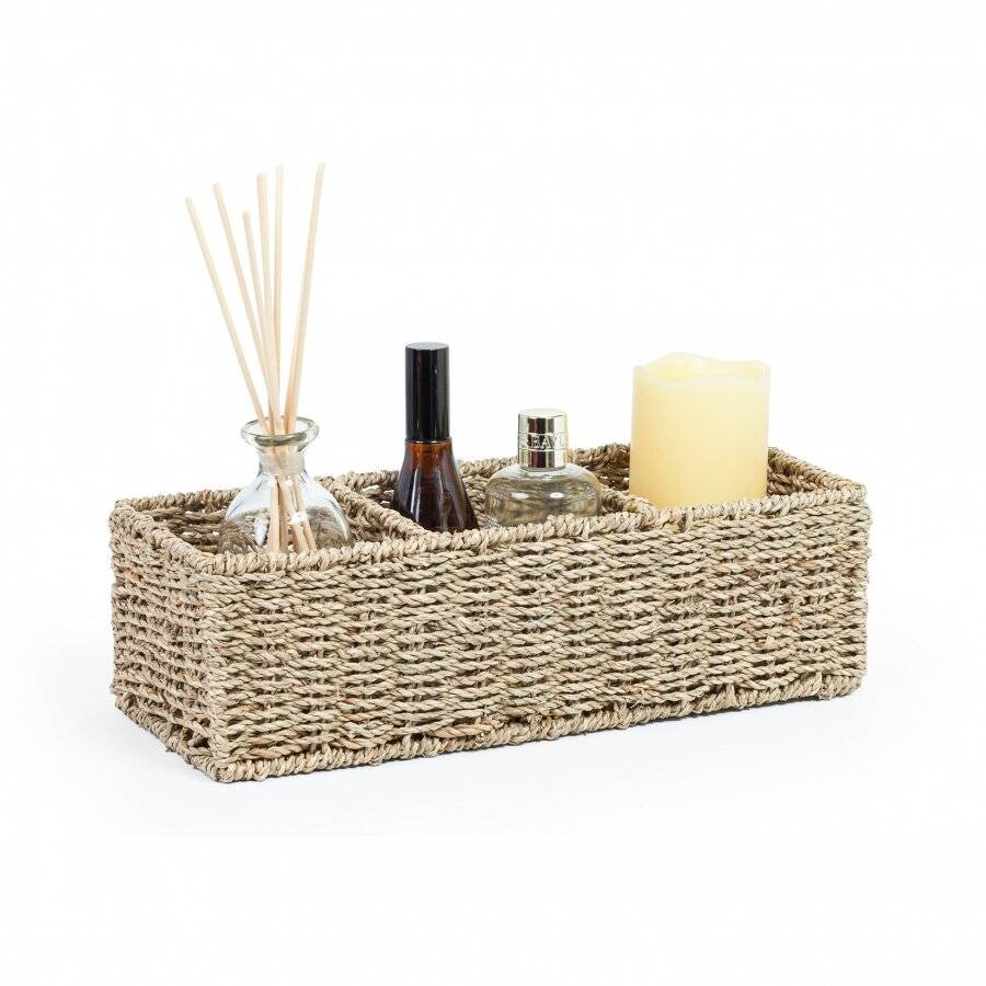 Multipurpose Handwoven Seagrass 3 Compartment Rectangular Tidy Basket