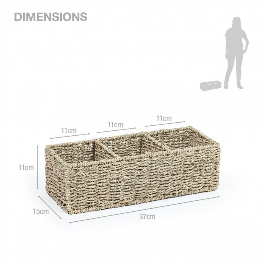 Multipurpose Handwoven Seagrass 3 Compartment Rectangular Tidy Basket