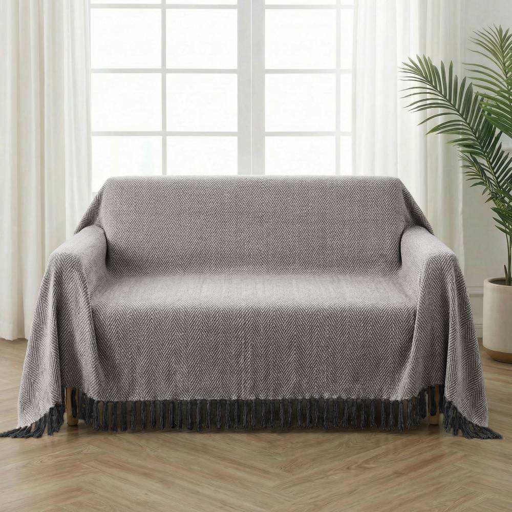 Natural Cotton  Herringbone Sofa Single Throw, Grey - 150 x 200cm