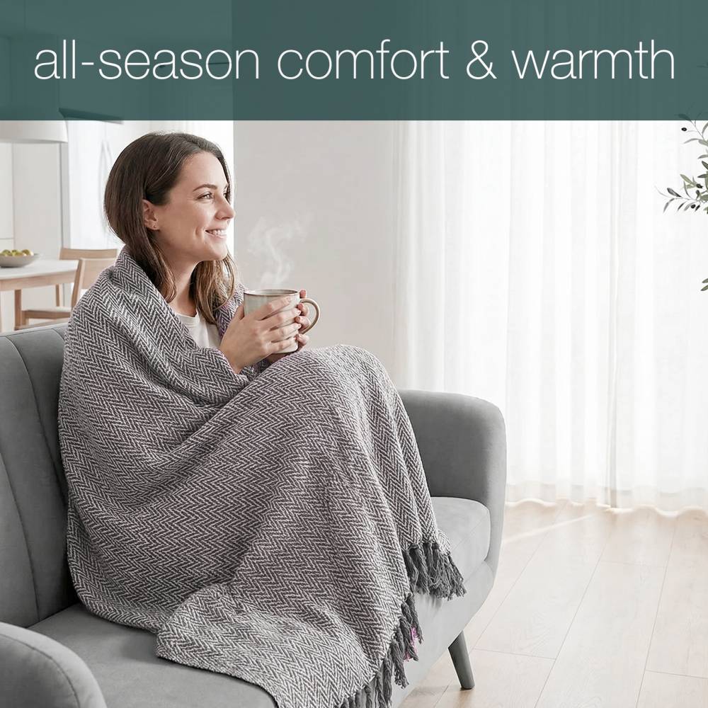 Natural Cotton  Herringbone Sofa Single Throw, Grey - 150 x 200cm