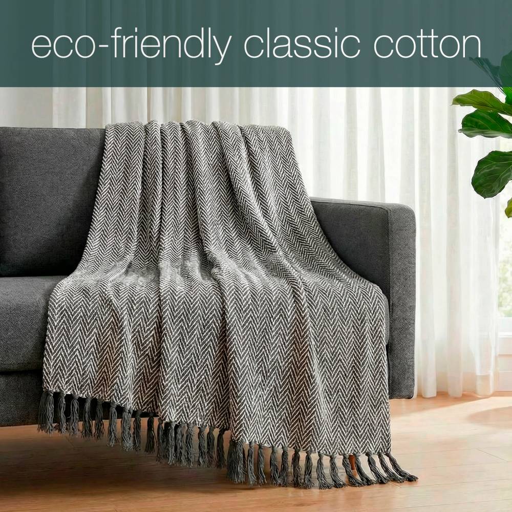 Natural Cotton  Herringbone Sofa Single Throw, Grey - 150 x 200cm