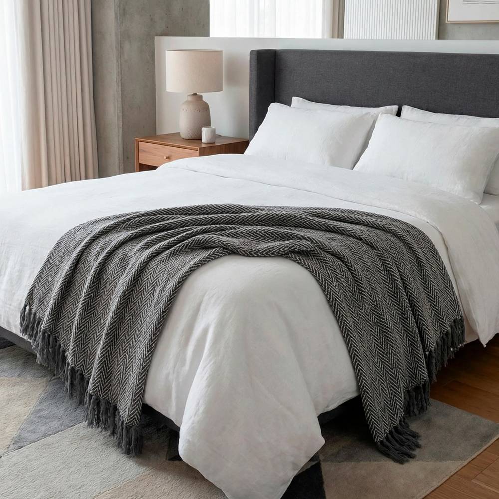 Natural Cotton  Herringbone Sofa Single Throw, Grey - 150 x 200cm