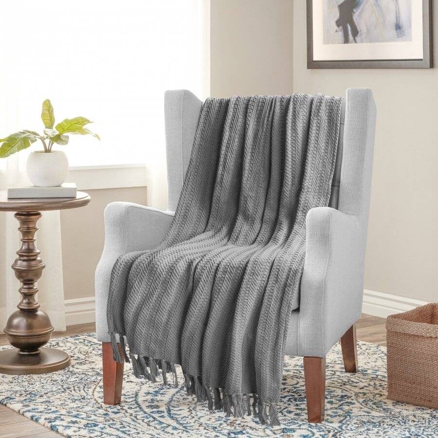 Nevni 2 x Decorative Rustic Cotton Fringed Throw, 127 x 152cm, Grey