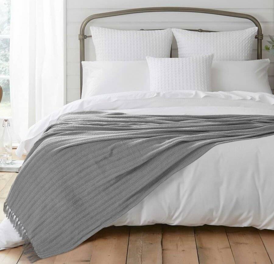 Nevni 2 x Decorative Rustic Cotton Fringed Throw, 127 x 152cm, Grey