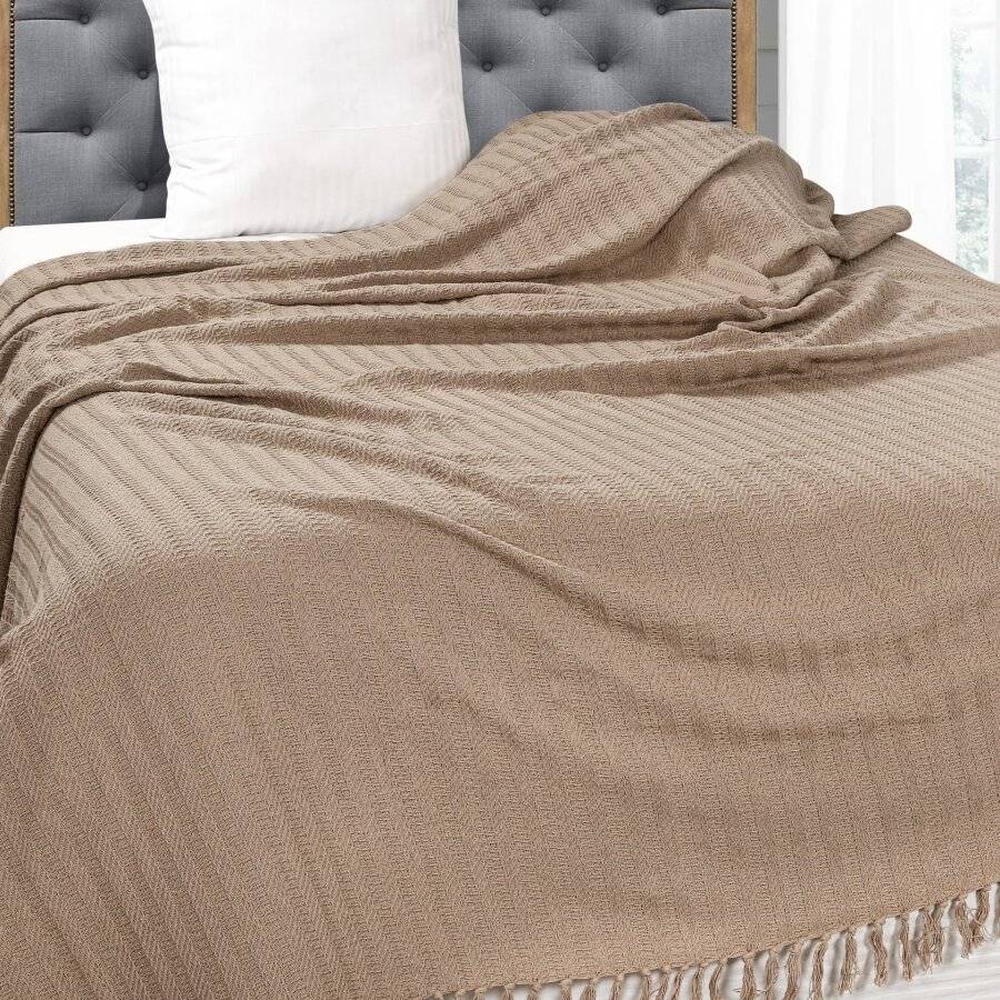 Nevni Large Decorative Rustic Cotton Fringed Throw, 225 x 250cm, Mocha