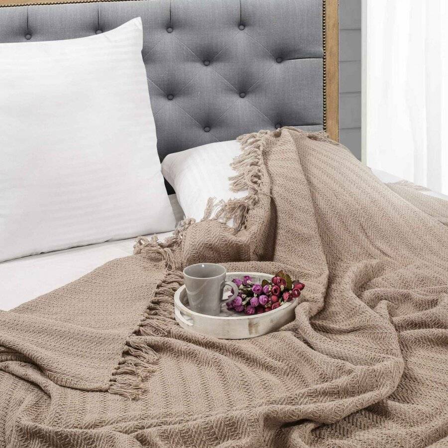 Nevni 2 x Decorative Rustic Cotton Fringed Throws, 127 x 152cm - Mocha
