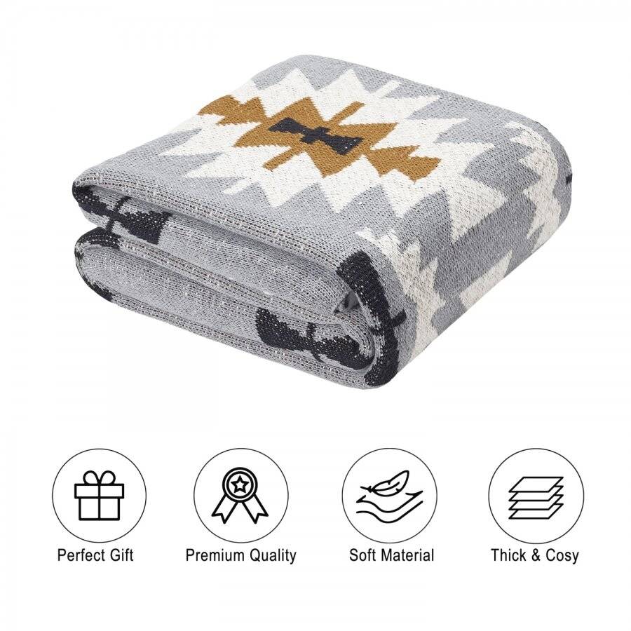 Nevni Aztec Patterned Soft Cotton Throw Blanket for Couch & Bed - Grey