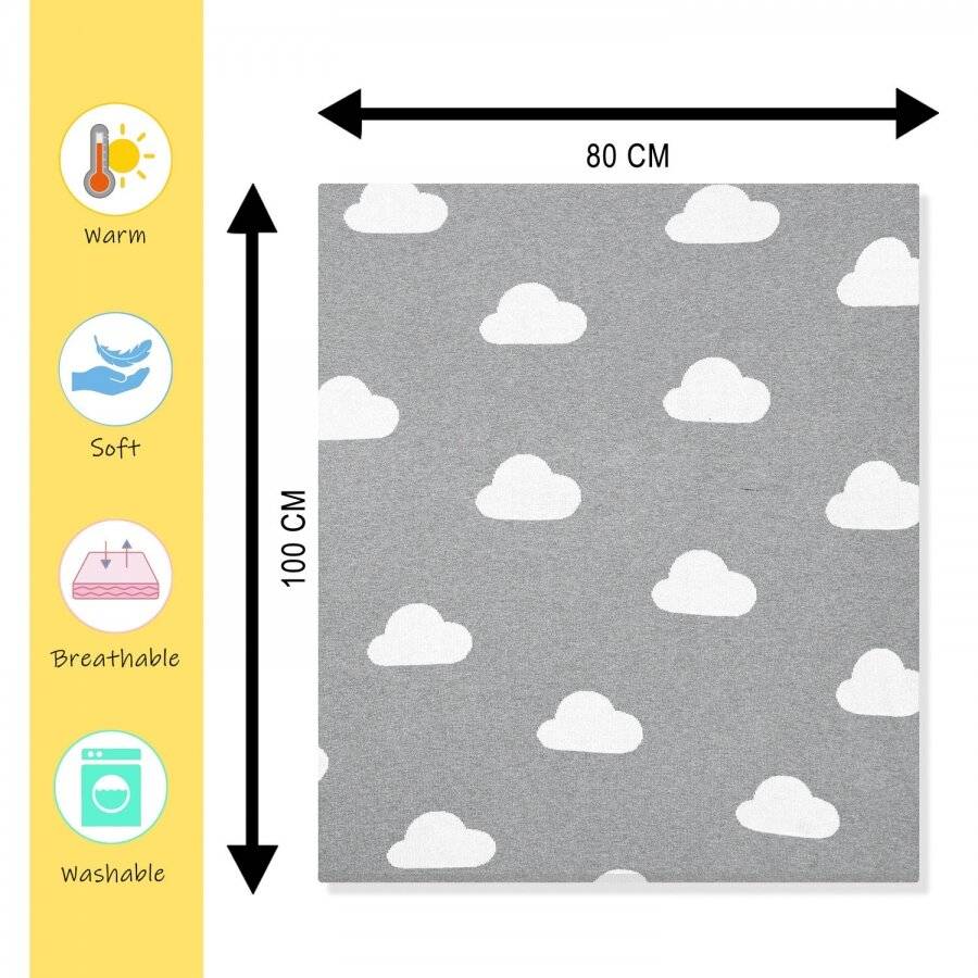 Nevni Cloud Print Knitted Soft Cotton Reversible Baby Blankets, Grey