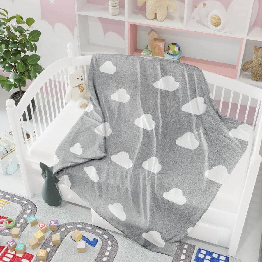 Nevni Cloud Print Knitted Soft Cotton Reversible Baby Blankets, Grey