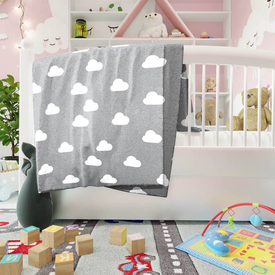 Nevni Cloud Print Knitted Soft Cotton Reversible Baby Blankets, Grey