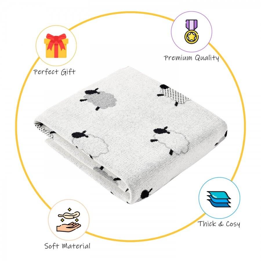 Nevni Cute Sheep Knitted Soft Cotton Reversible Baby Blankets, Ivory