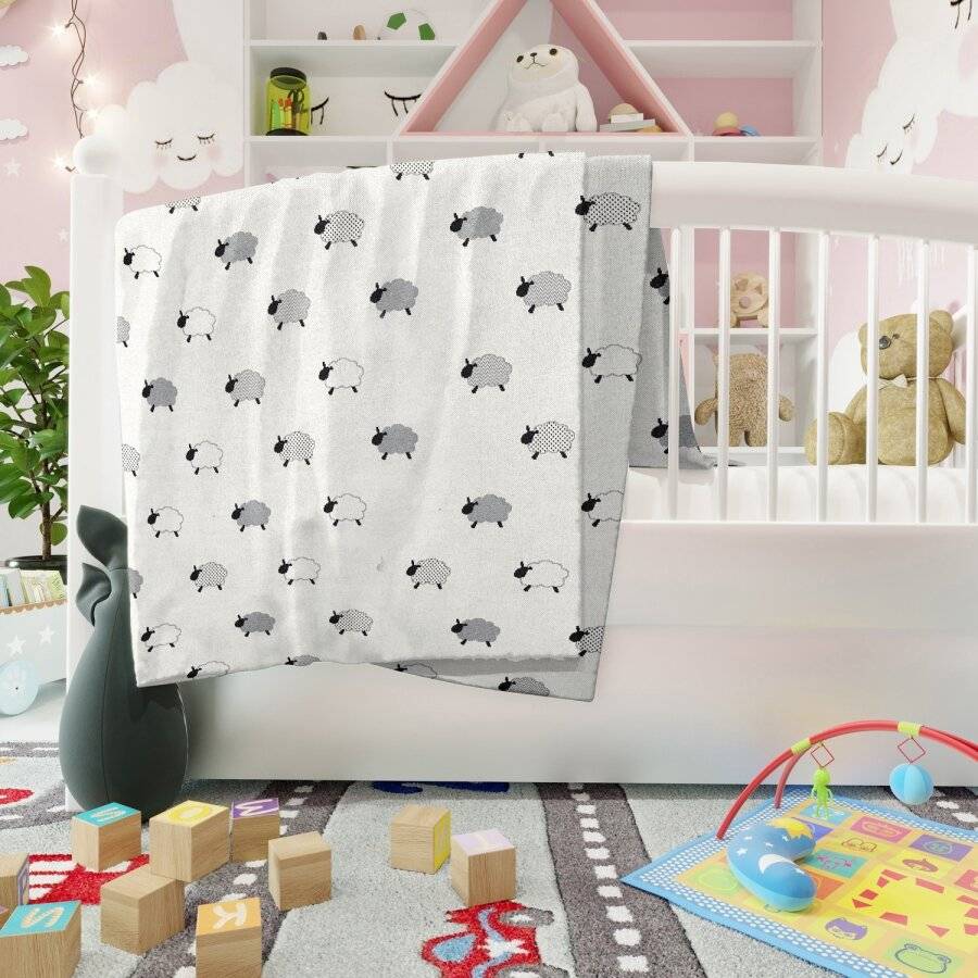 Nevni Cute Sheep Knitted Soft Cotton Reversible Baby Blankets, Ivory