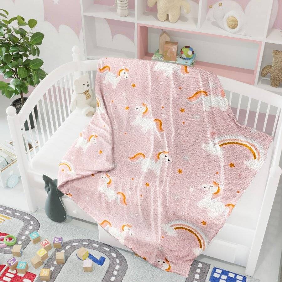 Nevni Cute Unicorn Knitted Soft Cotton Reversible Baby Blankets, Pink