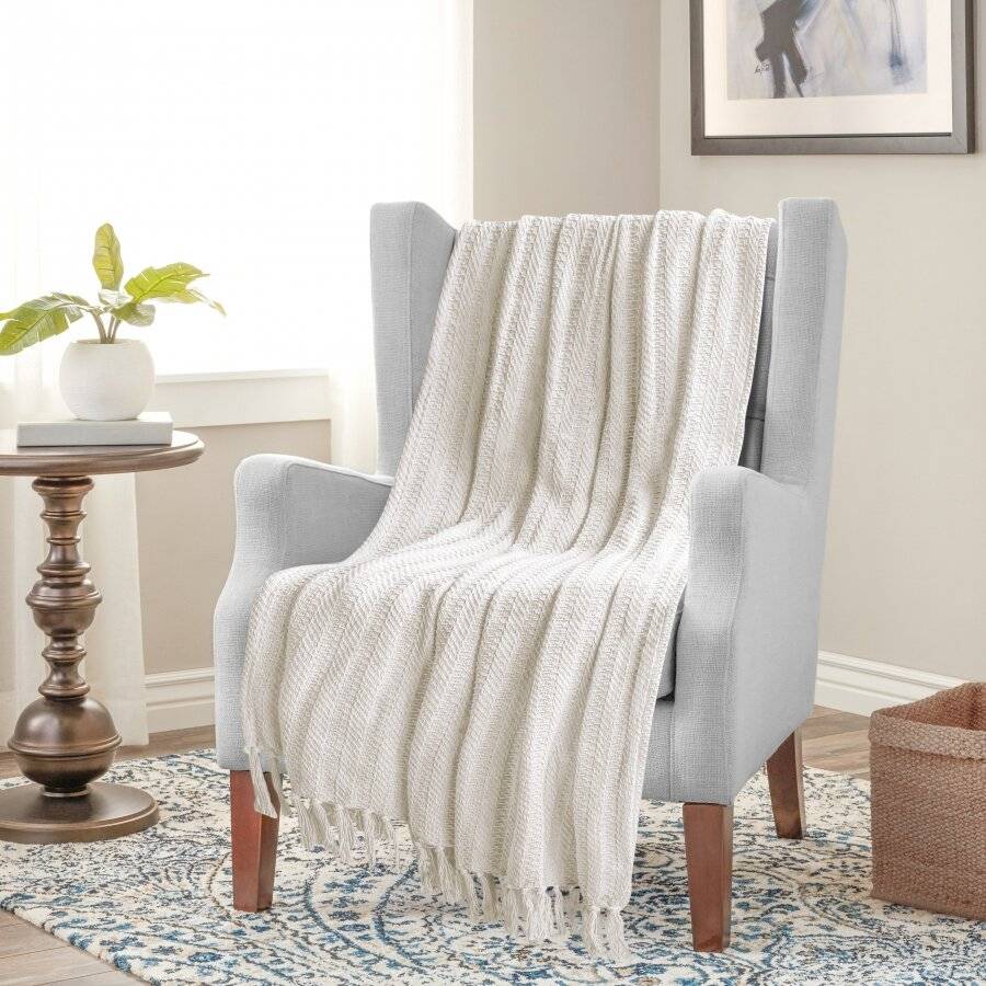 Nevni 2 x Decorative Rustic Cotton Fringed Throws, 127 x 152cm - Ivory