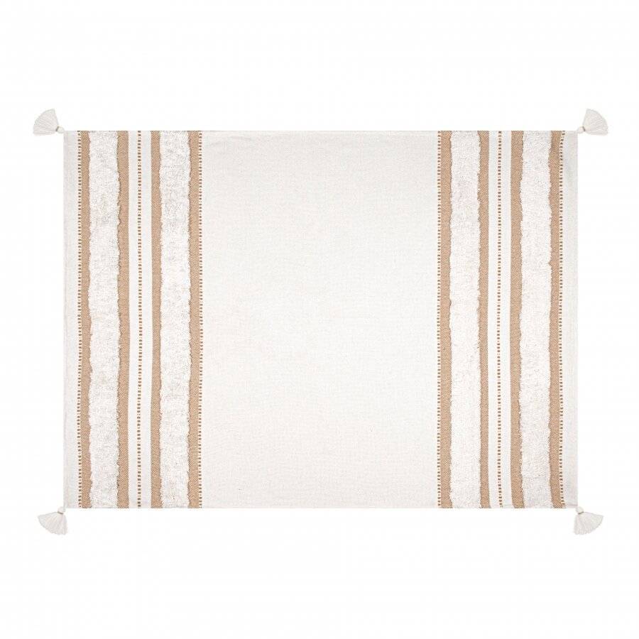 Nevni Soft Cotton Striped Tufted Large Throw, 150 x 200 cm, Beige