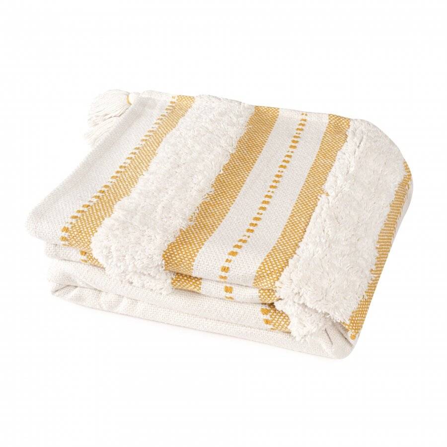 Nevni Soft Cotton Striped Tufted Large Throw, 150 x 200 cm, Ochre