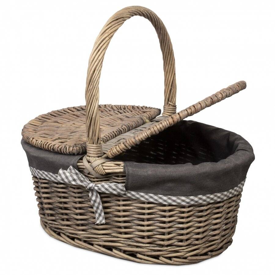 Oval Double Lidded Wicker Picnic Hamper Basket With Handle & Lining