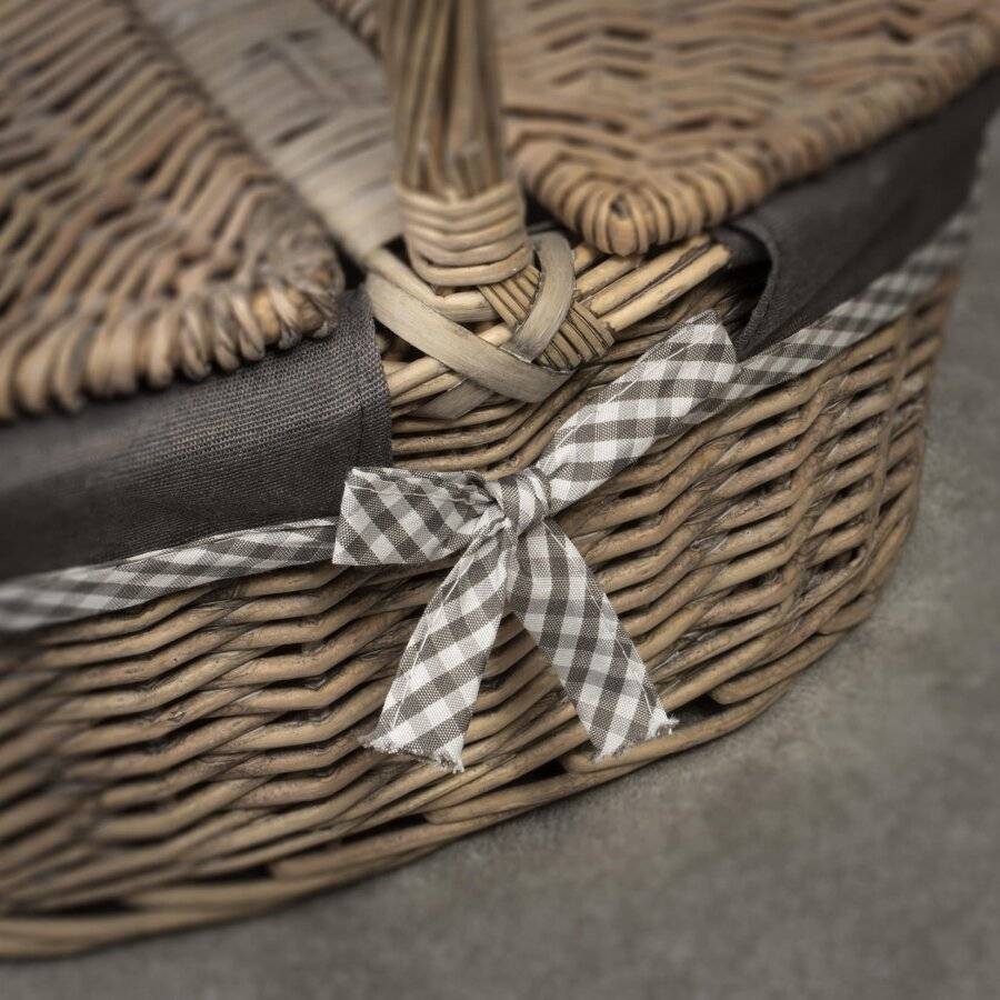 Oval Double Lidded Wicker Picnic Hamper Basket With Handle & Lining