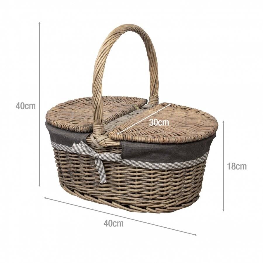 Oval Double Lidded Wicker Picnic Hamper Basket With Handle & Lining