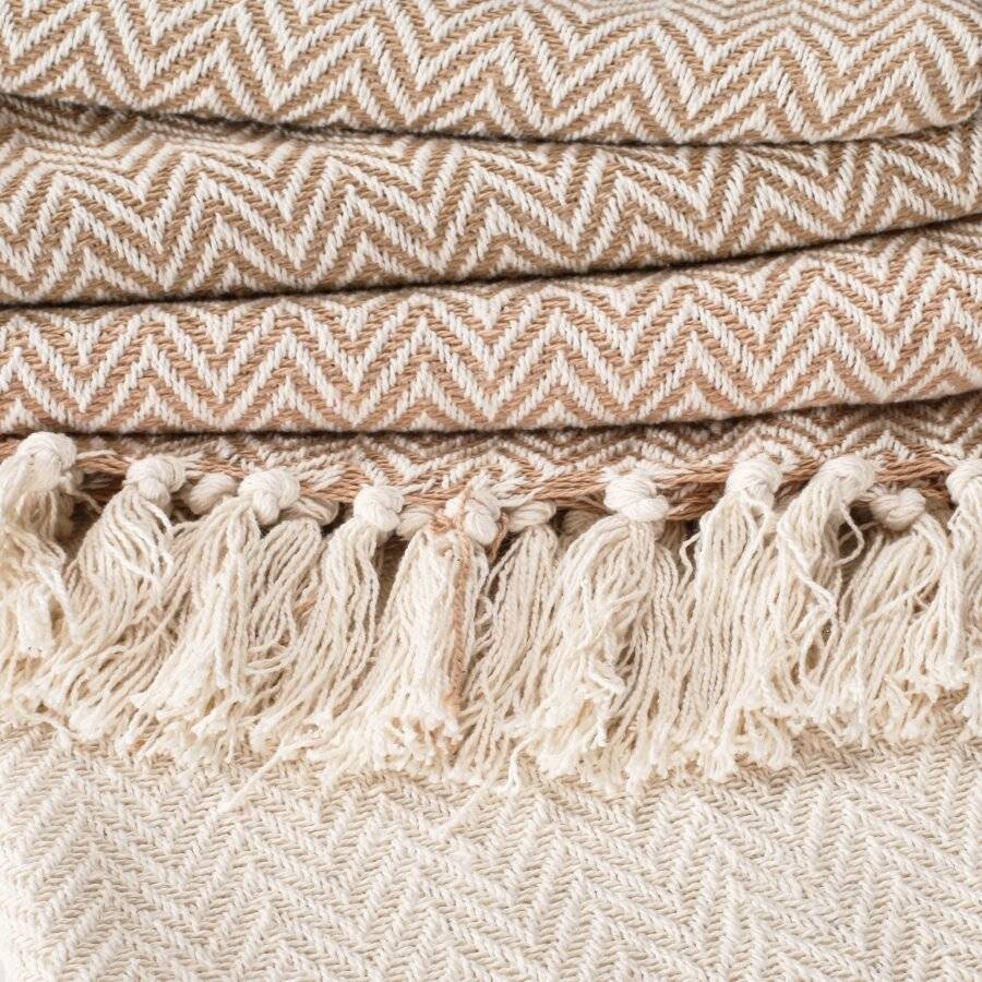 Pair of 2 Chevron Throw For Sofa or Arm Chair 127 x 152 cm - Ivory/Tan