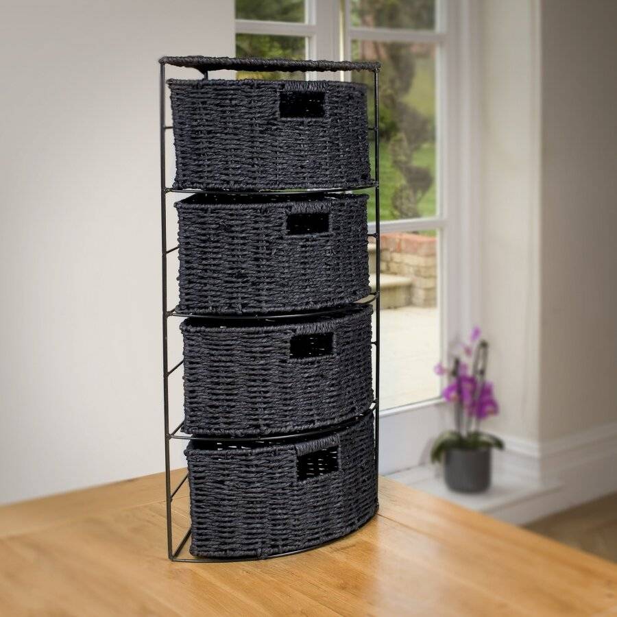 Paper rope 4 Drawer Slimline Space Saving Corner Storage Unit - Black